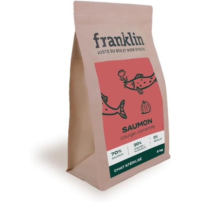 Comparer les prix de Franklin – Croquettes Chat Stérilisé – 3 kg – Sans Céréales – Hypoallergénique – Brillance du Poil – Saumon, Courge, Camomille