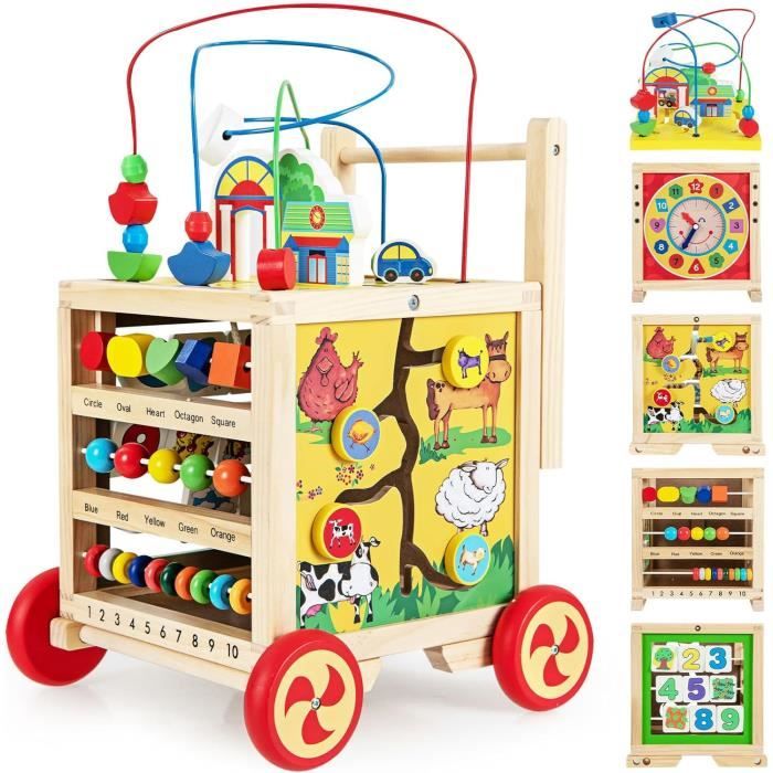 6 en 1 Chariot de Marche en Bois Enfants avec Couvercle et Roues Amovible Trotteur Bebe Bois avec Poignee Reglable Cdiscount Puericulture Eveil bebe