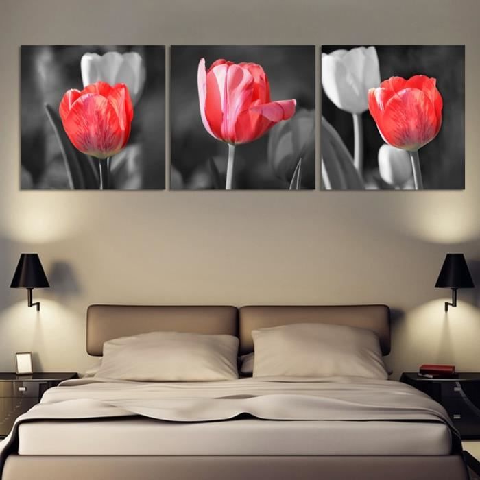 Imprime 3 Panneaux Peinture Toile Rouge Et Gris Tulipes Fleurs Murales Pour La Chambre Sans Cadre Sans Etirement Achat Vente Tableau Toile Cdiscount