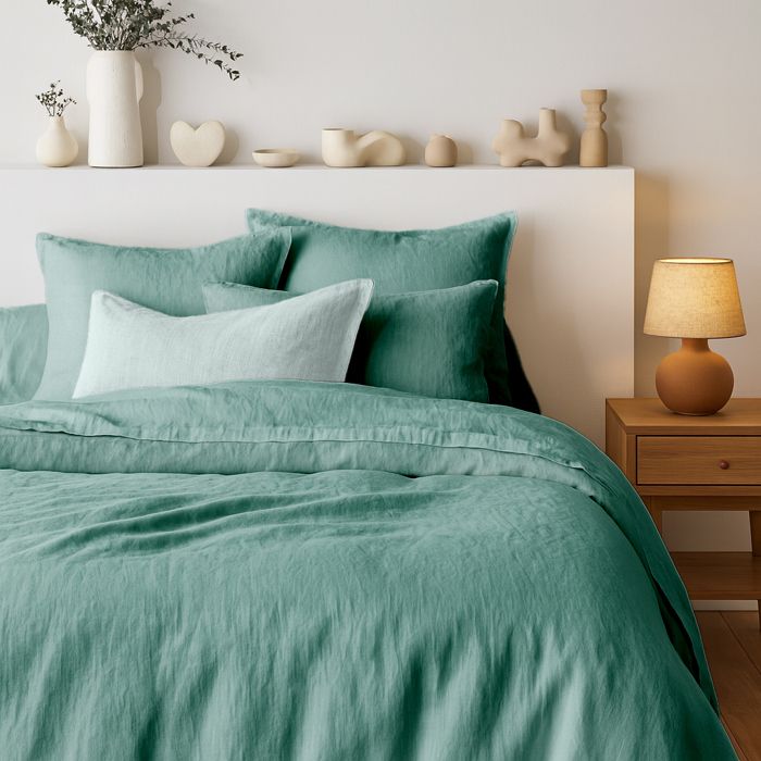 Tendance Perso - Parure de couette 100% PUR LIN Couleur vert Emeraude - Housse de couette 260x240 cm et 2 taies 63x63 carrées Lin