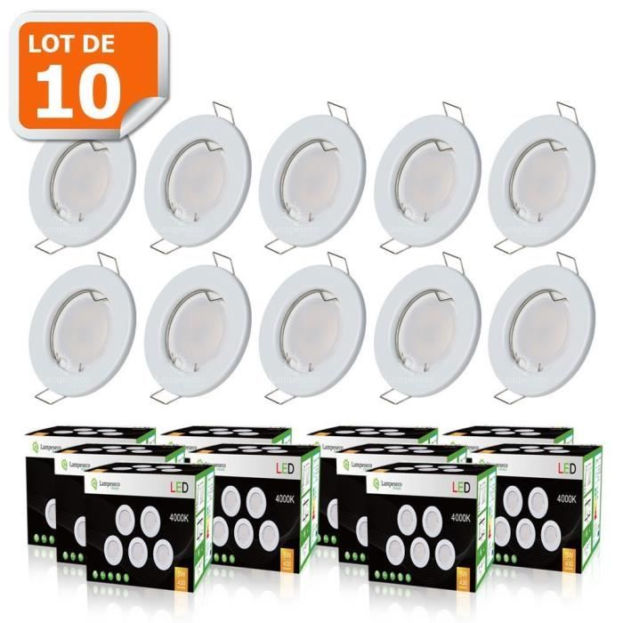 Lot de 50 Spot LED encastrable complet Blanc Fixe avec Ampoule GU10 7W  Dimmable Température de