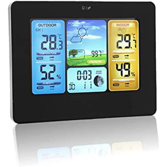 Station Météo Sans Fil - Thermomètre/Hygromètre Intérieur/Extérieur, Pression Atmosphérique, Prévisions 12h - Écran Couleur LCD - 3