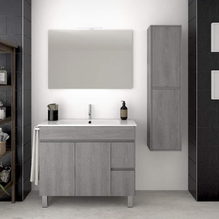 meuble de salle de bain suspendu vidar 70cm chêne smoky avec lavabo en céramique, miroir et colonne