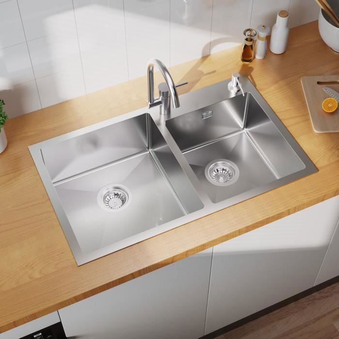 Evier en inox 2 bacs + 1 égouttoir - 115 cm x 48 cm EVINOX
