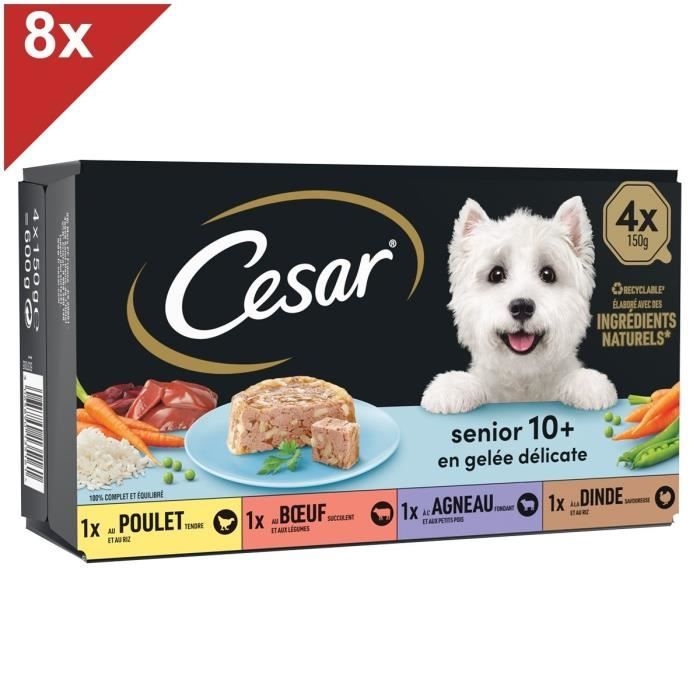 Meilleurs prix pour Pâtée pour chien senior CESAR - 32 barquettes en gelée - 4 variétés - 150g (8x4)
