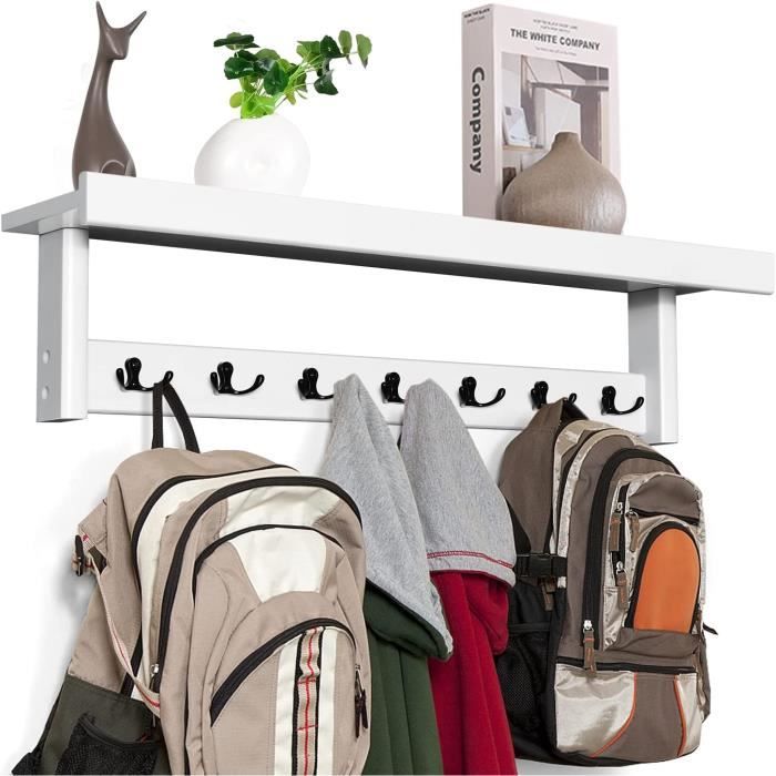 GOPLUS Porte-Manteau Mural en Bois d'Hévéa avec 7 Crochets,80x20x15,5cm, avec Étagère Murale,Gain de Place pour Couloir/Chambre