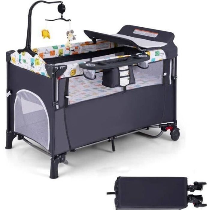 GOPLUS Lit Bébé 5 en 1 Pliable et Portable avec Table à Langer Fonction de Berceau dEnceinte dActivités78L x 125l x 65HcmGris