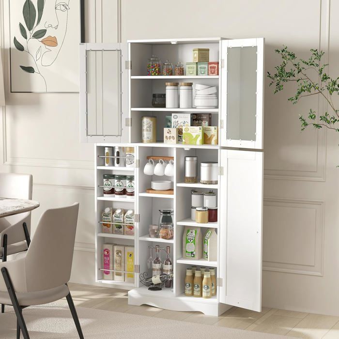 GOPLUS Buffet Haut de Cuisine H.1615CM-Étagères de Porte + 1 Placard à Portes en Verre Trempé-Dispositif Anti-basculement Blanc