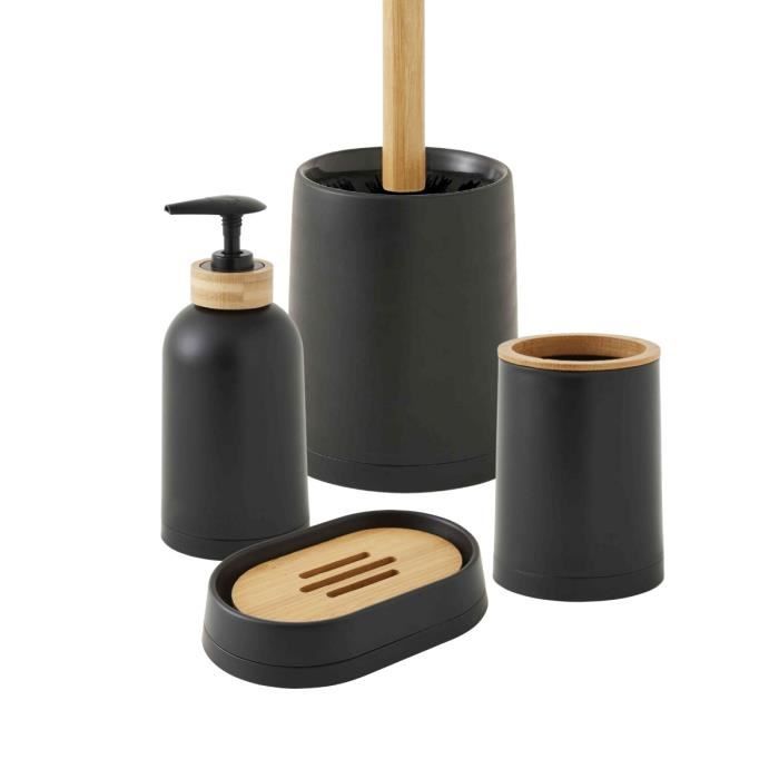 PRIMA - Set de salle de bain 4 pièces en plastique et bambou noir