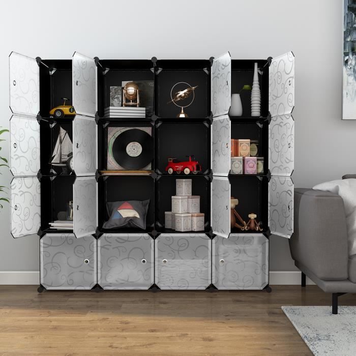 langria 16-cubes armoire placard avec portes et tige suspendue organisateur de rangement pour vêtements&amp chaussures