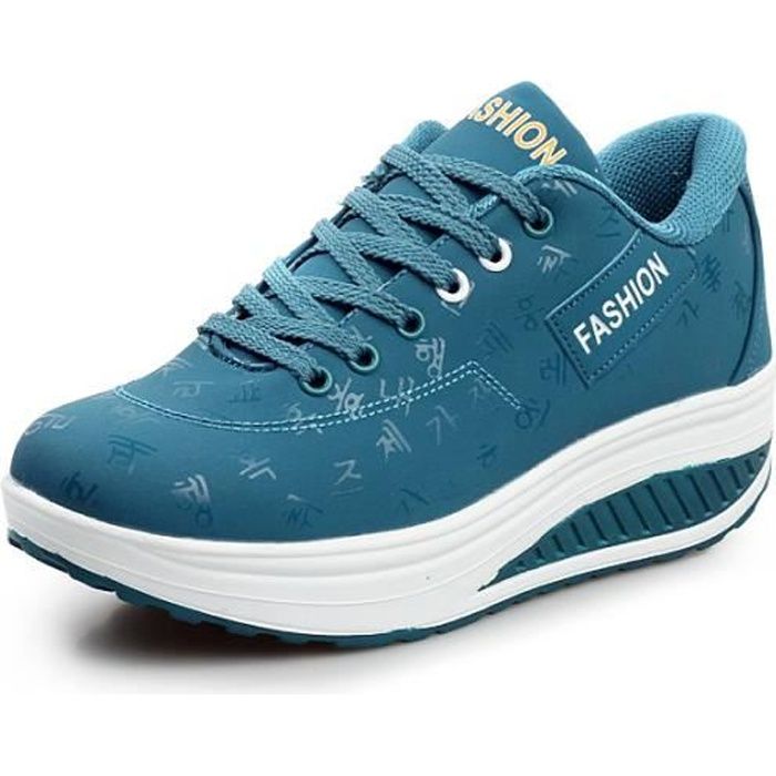 Chaussures de sport en cuir pour femme Fitness Shake Semelle epaisse minceur Bleu