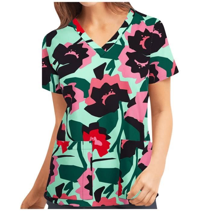 Top Femme BORIFLORS - Col V Profond Manches Courtes - Taille Nouable - Vert - Taille M