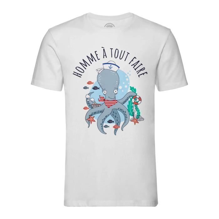 T shirt Homme Col Rond Blanc Pieuvre Homme a tout Faire Dessin Illustration Blanc Cdiscount Pret a Porter