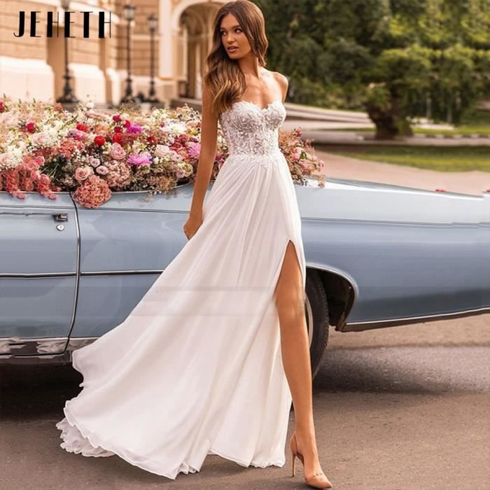 Robe de Marie en Mousseline de Soie Tenue de Plage Sexy Dos aux Appliques Train de Balayage Blanc Cdiscount Pret a Porter