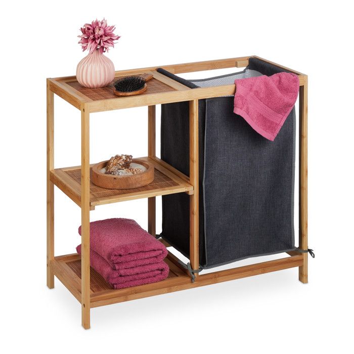 Relaxdays Meuble à linge en bambou étagère avec 3 niveaux sac amovible HLP : 65x68x33 cm salle de bain nature/gris