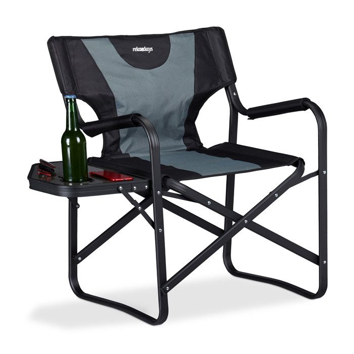 Relaxdays Chaise de régie chaise de camping pliante fauteuil de pêche porte-boissons table, noir gris