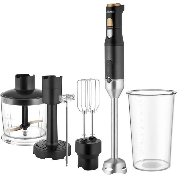 Sencor Mixeur plongeant SHB 6442BK - 6 en 1 - 1200 W - Pied inox 20 cm - Accessoires inclus
