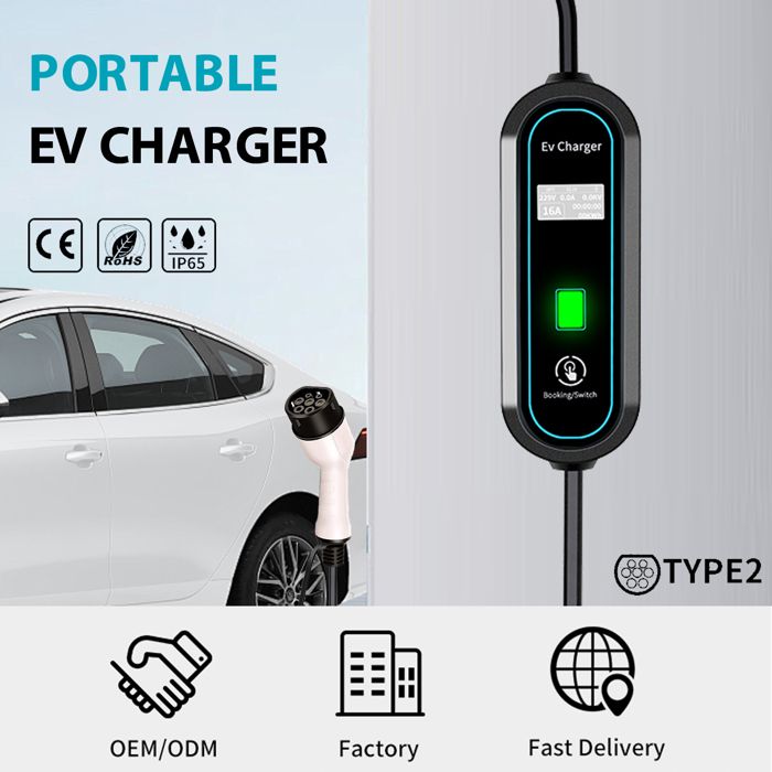 Chargeur Voiture Électrique Portable 3,68 KW Type 2 - 6,5m 16A Schuko Avec Support Mural Et Sac Transport