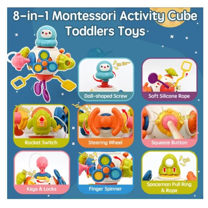 Aiqi Cube D'activité Bébé 8-en-1 – Busy Board Montessori – Jouet De Voyage Pour 1-3 Ans – Cadeau Filles Et Garçons