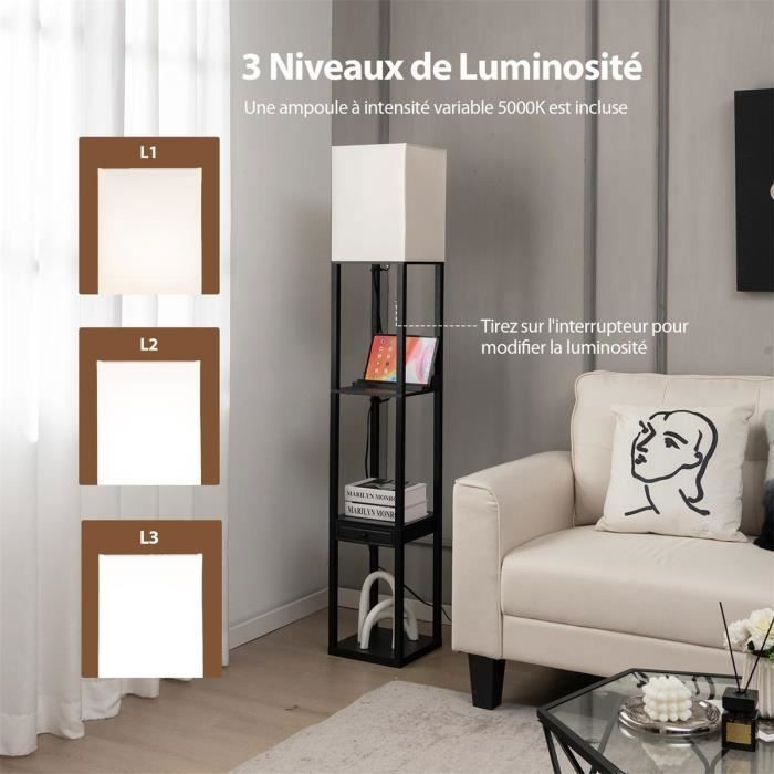 Lampadaire Salon Avec Étagères, 2 Ports USB, Tiroir Et 3 Températures De Couleur - Bois Massif Noir