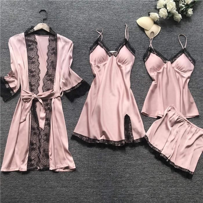Femme Ensemble De Pyjama Dentelle 4 pieces avec Peignoir Robe De Chambre Satin Nuit Camisole Short Set rose