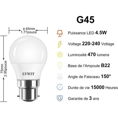 LVWIT 4.5W Ampoules LED E27 G45, Equivalente à Ampoule Incandescence 40W,  470Lm 6500K Blanc Froid, Non-Dimmable, Lot de 6 : : Luminaires et  Éclairage