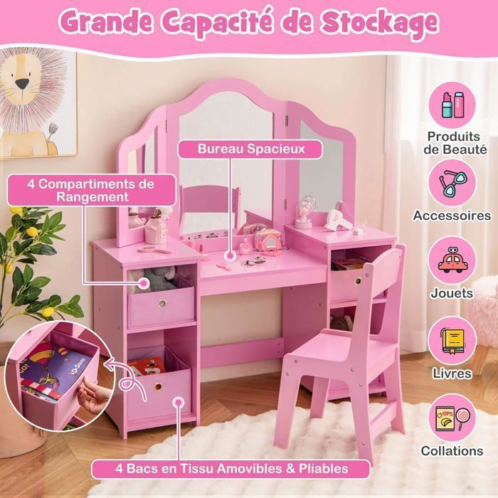 Coiffeuse 2-en-1 Pour Enfants COSTWAY - Avec Miroirs Acryliques Et Rangement, 100kg Capacité
