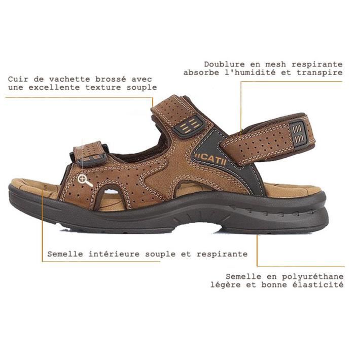 Sandales Homme été En Cuir De Vachette - Respirantes, Semelle Caoutchouc Antidérapante - Fermeture Scratch, Sangle Arrière Amovible