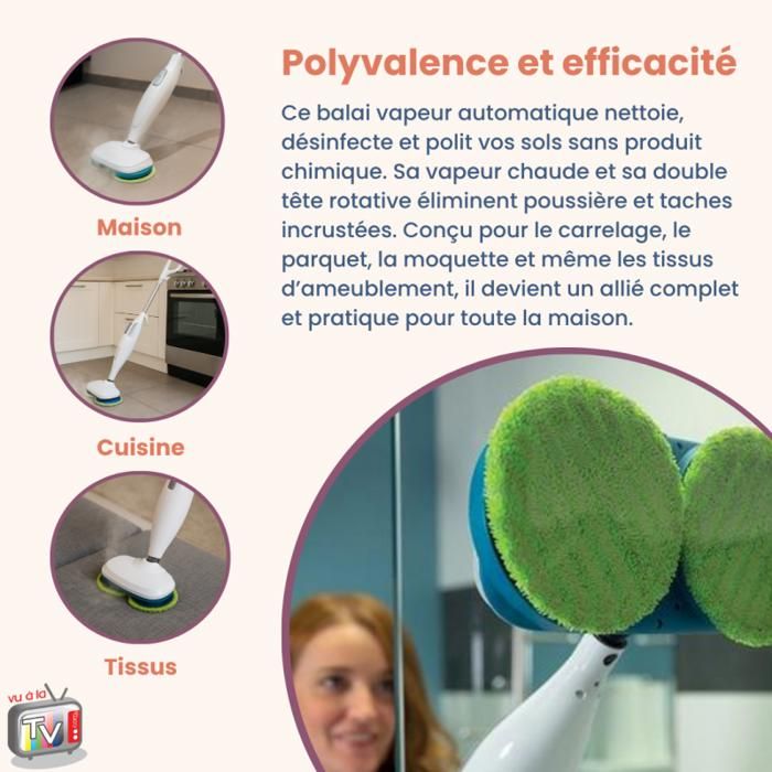 Balai électrique - VENTEO - STEAM TWISTER/STEAM SPINNER - TELESHOPPING - Balai vapeur automatique jusqu'à 120°C avec 10 accessoires - Double tête rotative