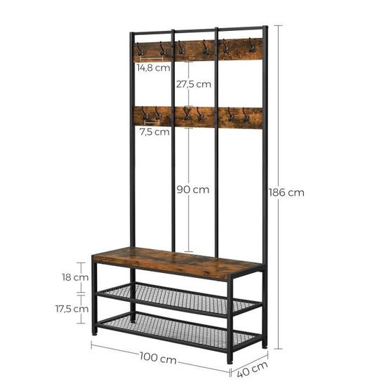 vasagle grand porte manteaux de style industriel avec banc a chaussures meuble d entree vestiaire etagere a chaussures hsr86bx cdiscount maison