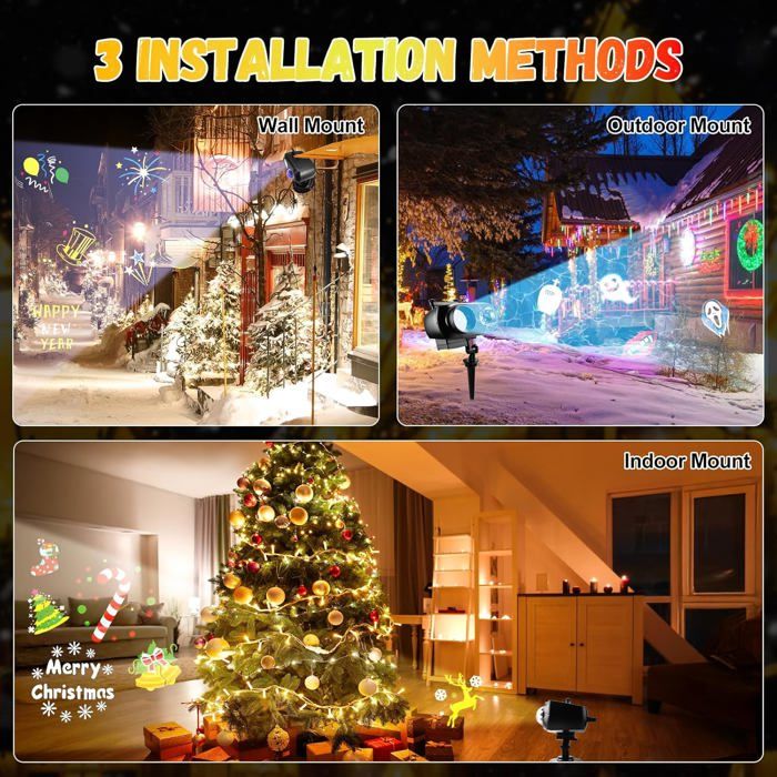Projecteur Laser Noël Extérieur Avec Télécommande - 80 Motifs, 8 Thèmes, 10 Couleurs - Étanche IP65 - Pour Fêtes