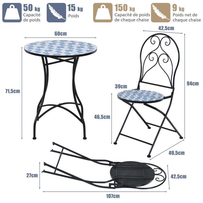 Ensemble de table de balcon et deux chaises pliantes en acier et mosaïque  en céramique