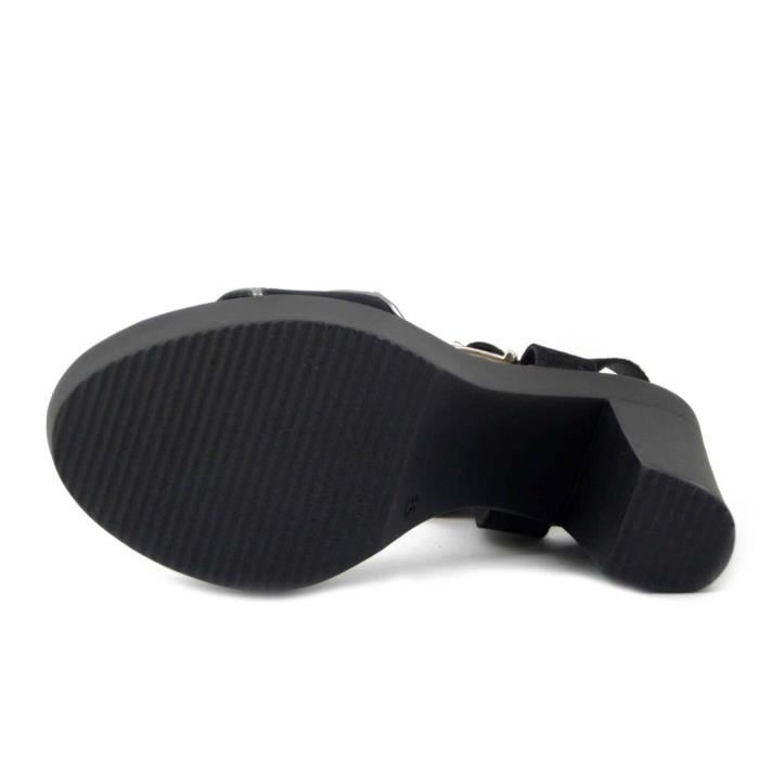 Sandale femme confort en cuir noir RAQUEL PEREZ talon 10 cm et