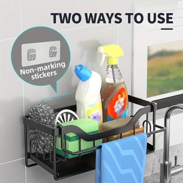 Organiseur D'évier En Acier Inoxydable - Porte-éponge, Panier De Rangement - Noir - 29,5 X 13 X 6 Cm - Installation Sans Perçage