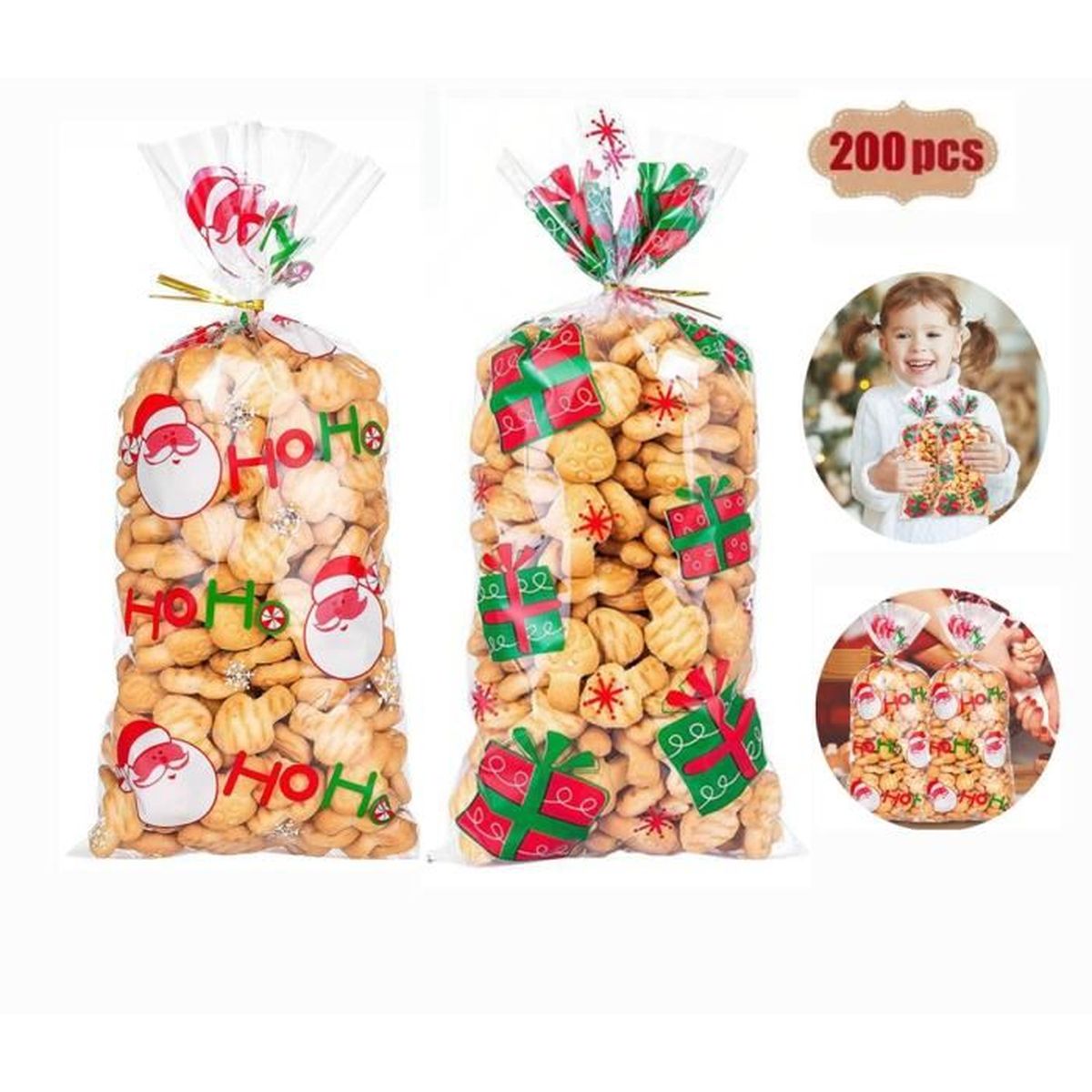 200 Pcs Noël Sacs de Biscuits Bonbons Clairs Sacs de Cellophane de Noël avec des Liens Torsadés