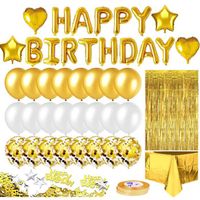 Anniversaire Ballon Doré Kit Guirlande Happy Birthday, Nappe Doré, Ballons étoile et Coeur, Confettis, Rideau à Franges