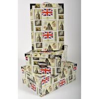 3 Grandes Boites de Rangement - Carton Impr. London Vintage viellie Angles/Poignées Métal. 38x26.5x14-40x28.5x15-42x30x16 cm