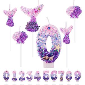 BOUGIE ANNIVERSAIRE Lot de 6 bougies d'anniversaire en forme de sirène - 7,3 cm - Violet - Paillettes - Pour anniversaire, fête à thème sirène.[Q1576]