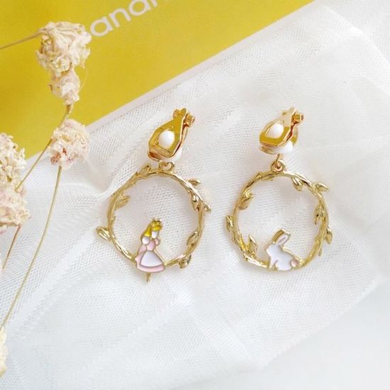 Boucles D'oreilles Alice Au Pays Des Merveilles - Lapin Blanc & Perles - Argenté