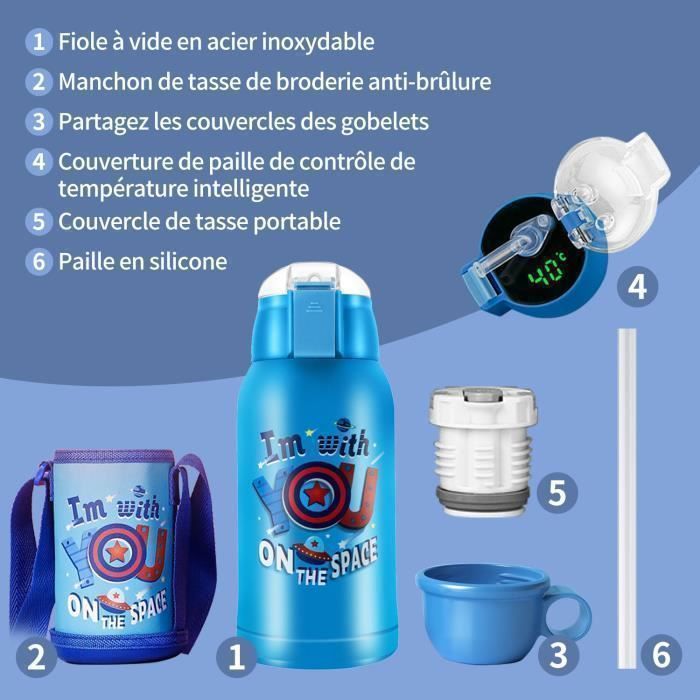 Gourde Isotherme Enfant avec Paille 500ML, Bouteille d'eau Isotherme sans BPA, Réutilisable, Affichage Température, Bleu