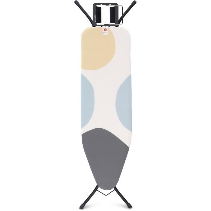 BRABANTIA 134289 - Table à repasser B, 124 x 38 cm - Repose–fer stop–vapeur, piétement 22mm, cadre noir, housse Spring Bubbles