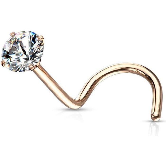 Piercing nez tige tire-bouchon or rose zircon rond blanc (2.5 mm)