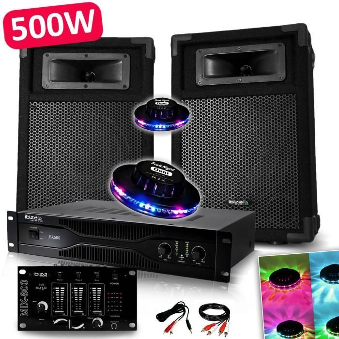 Pack Sono Dj PA 500W 2 Enceintes + Amplificateur 500W + Table de mixage + Câblages + 2 Effets OVNI LED