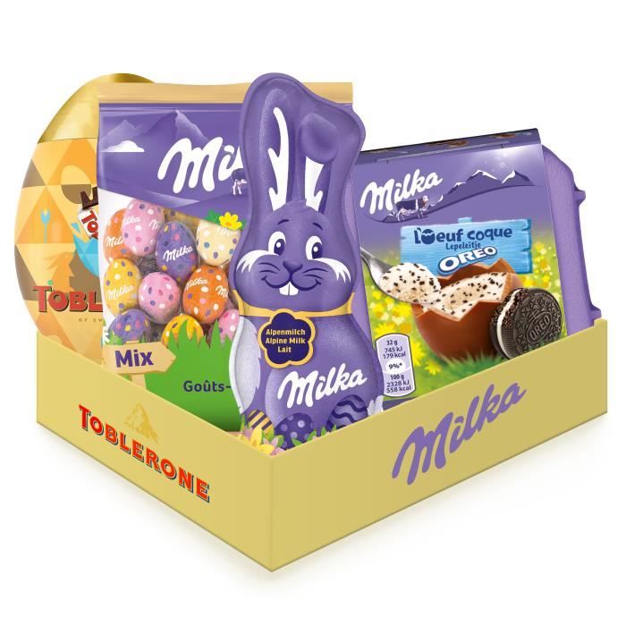 Chocolats de Pâques : Milka Petits œufs mix 5 goûts + Œufs Coques Lait + Lapin au lait noisette + Toblerone Œuf Plastique