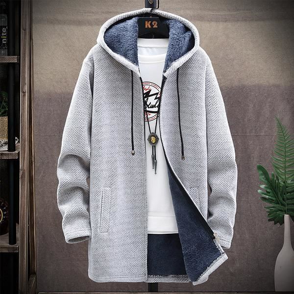 Pull homme,Hommes chandail polaire Cardigan veste d'hiver hommes chandails fins hiver Long à capuche chandail épais chaud manteau