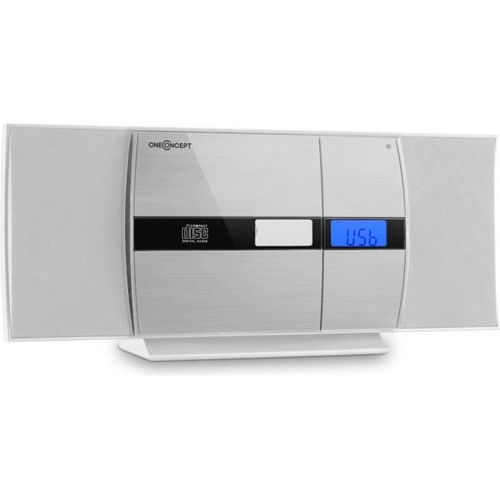oneConcept V-15 Chaîne HiFi stéréo compacte avec Tuner radio réveil FM, un lecteur CD-MP3, port USB, entrée AUX, montage mural-blanc