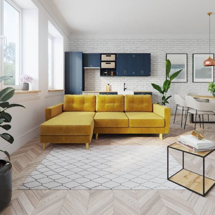 Canapé d’angle convertible - BERTRAM - jaune miel - pieds en bois - style classique