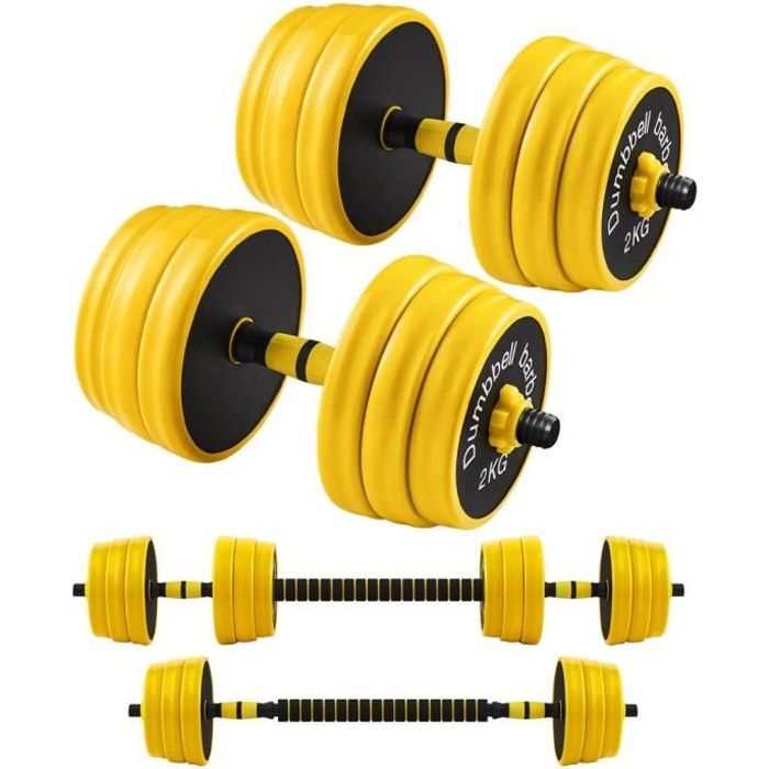 SONGMICS Haltères 2 x 15 kg, Kit de Musculation, Set de Poids Entraînement Fitness, Avec Barre d’Extension, Sport à la Maison, Jaune