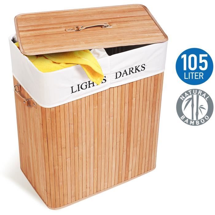 TATKRAFT CAROLINA - GRAND PANIER À LINGE EN BAMBOU - SAC EN TISSU À 2 COMPARTIMENTS - BEIGE - 105 L