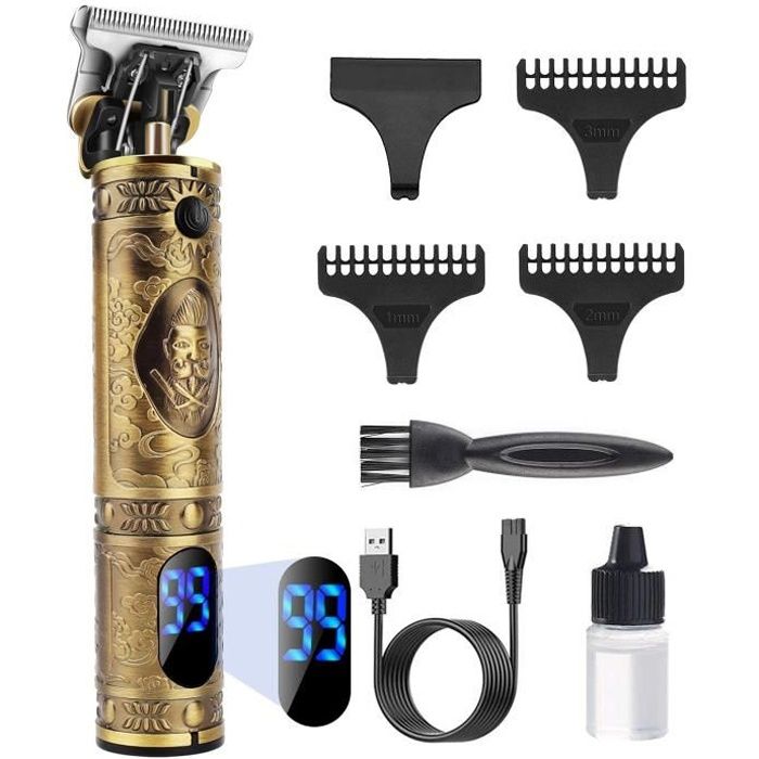 Tondeuse Cheveux Hommes Sans Fil Rasoir Barbe Kit,Écran à LED, Rechargeable (Doré) Avec 3 Peignes de Guidage